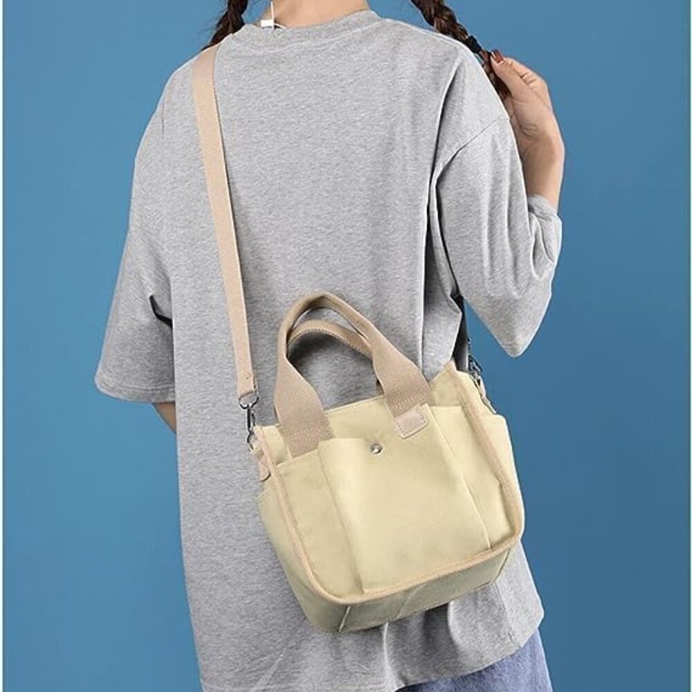 Small Canvas Tote Bag with Zipper, Canvas Multi-Pocket Crossbody Bag Purse Top H - Picture 6 of 6